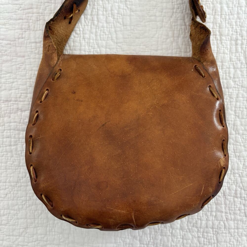 VTG Hand Tooled Painted Flowers Brown Leather Saddle Bag Boho Hippie - Picture 5 of 15